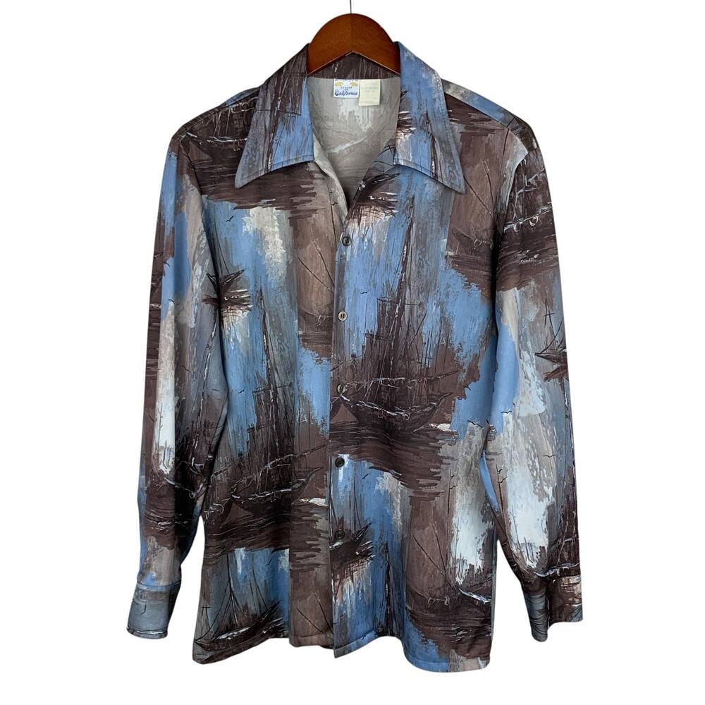 Vintage Styled In California Shirt Button Front Blue Brown Ship Pattern Men's L